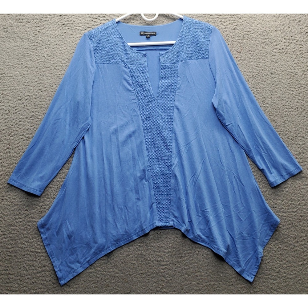 Adrianna Papell Tunic Top Women M Blue Textured Trim Handkerchief Hem Cut V-Neck